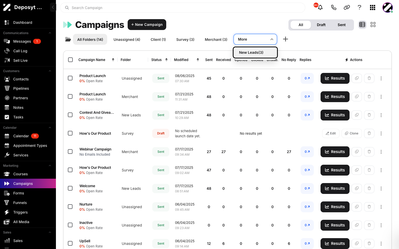 Step 4: Select a folder, and all campaigns under that folder will be displayed.