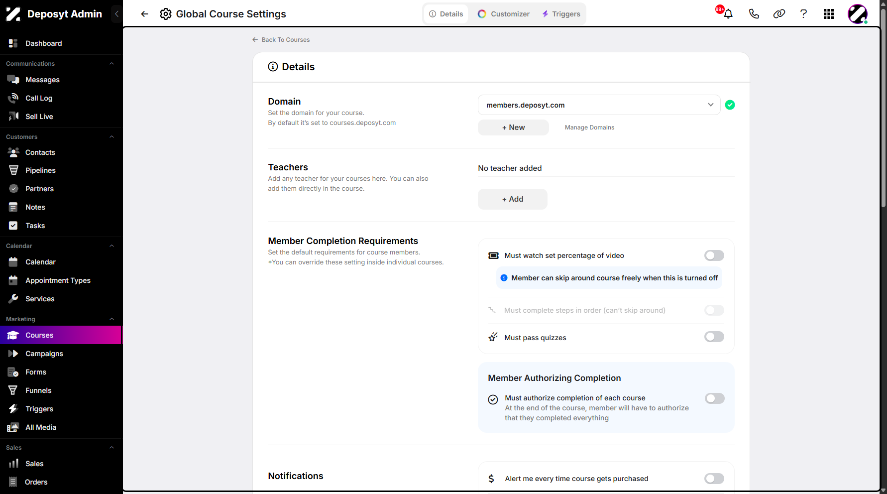 Step 4: You will then be taken to the Global Course Settings. This is a centralized configuration options that control how all courses behave across the system. These settings apply to every course unless overridden individually.