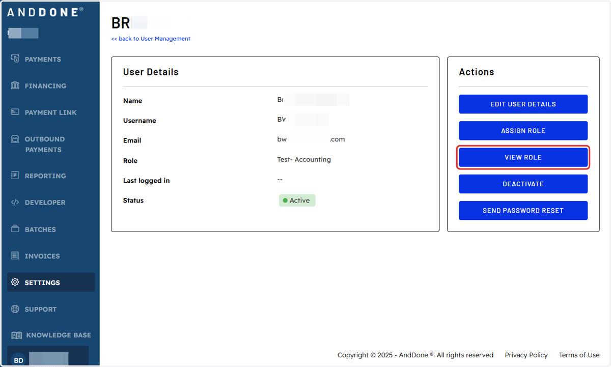 Review Role permissions by selecting VIEW ROLE