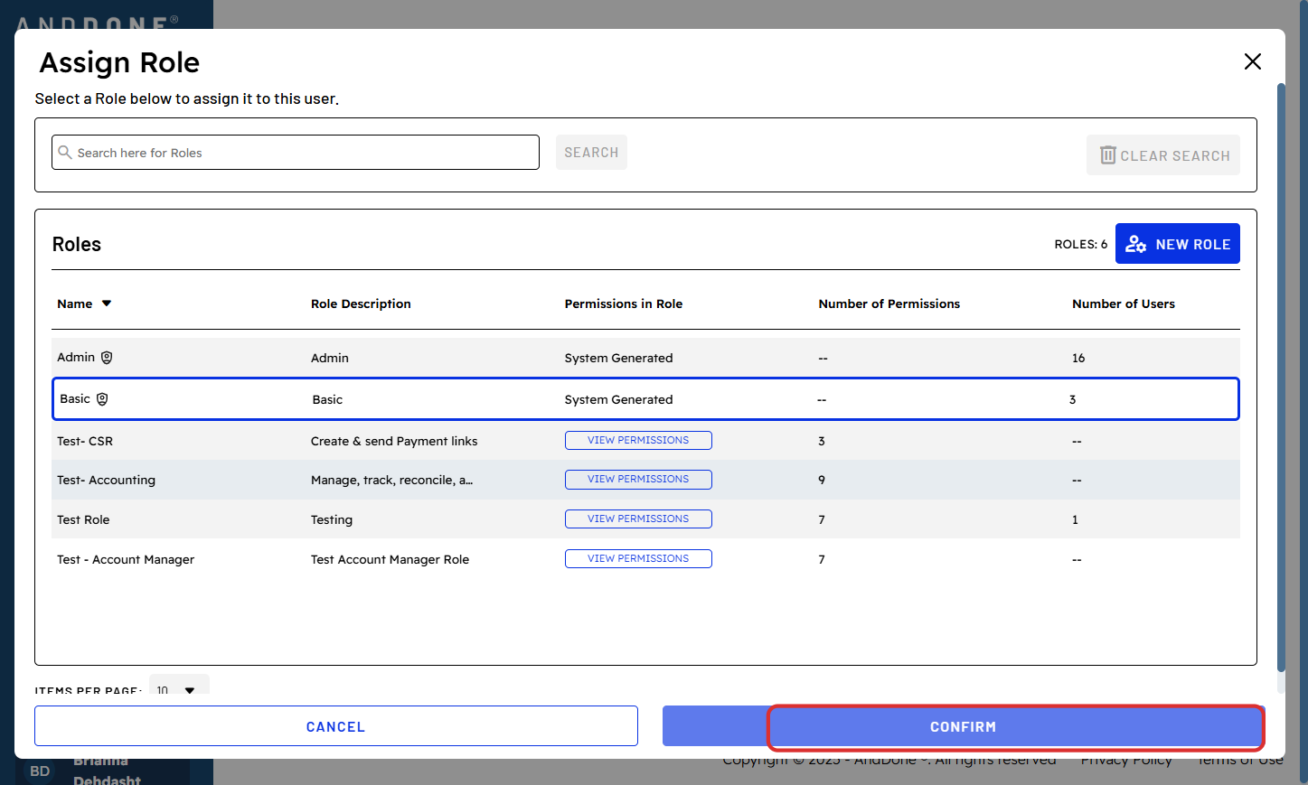 Click on desired Assign Role from list…and CONFIRM