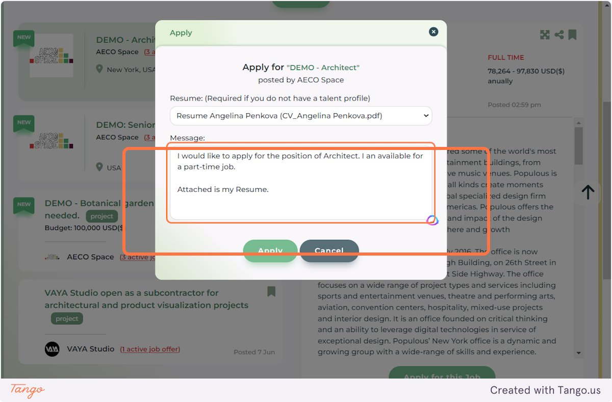 Note that you need to have either a TALENT PROFILE or a previously uploaded RESUME in order to apply for a job. You can select the application option from the dropdown menu.