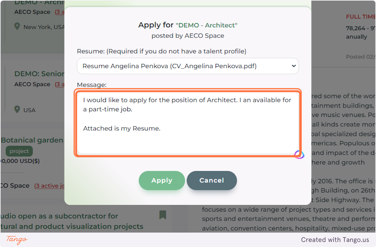 Note that you need to have either a TALENT PROFILE or a previously uploaded RESUME in order to apply for a job. You can select the application option from the dropdown menu.