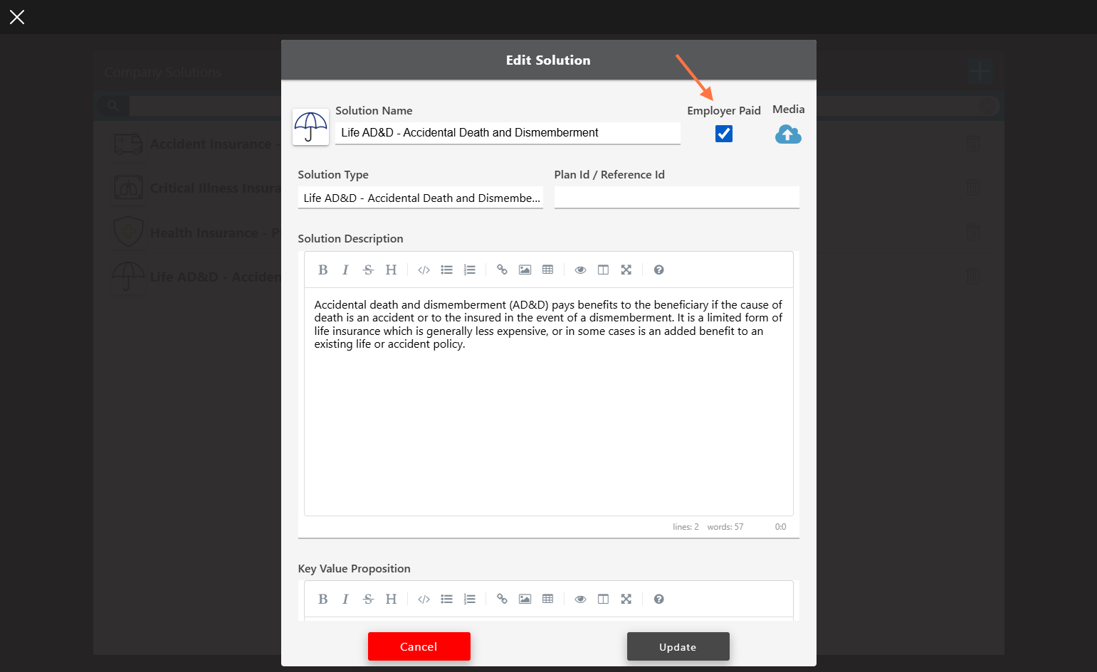 On the 'Edit Solution' page, check the 'Employer Paid' box