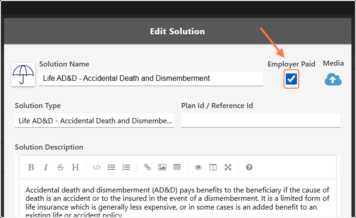 On the 'Edit Solution' page, check the 'Employer Paid' box