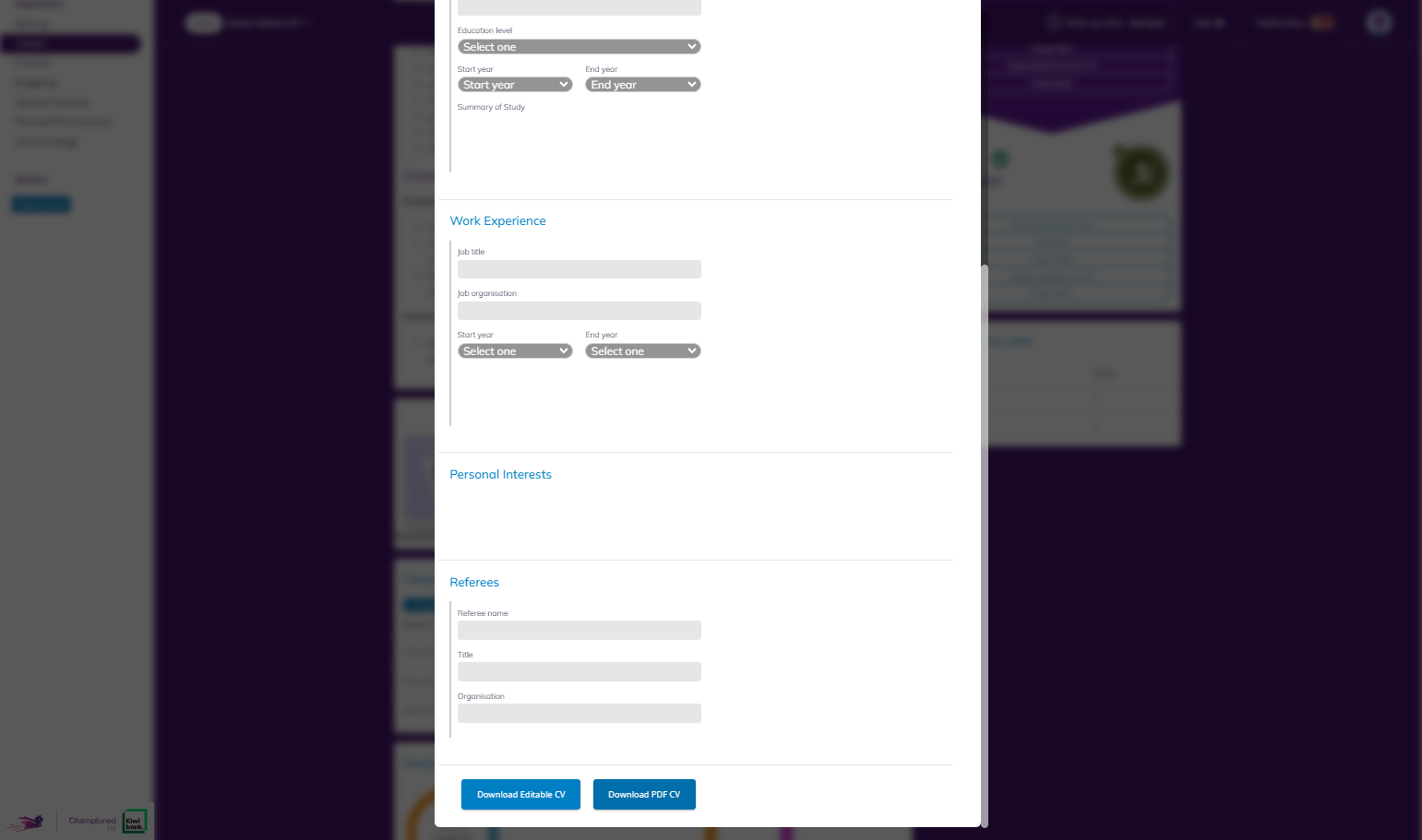 You can then download an editable or PDF version of the CV.