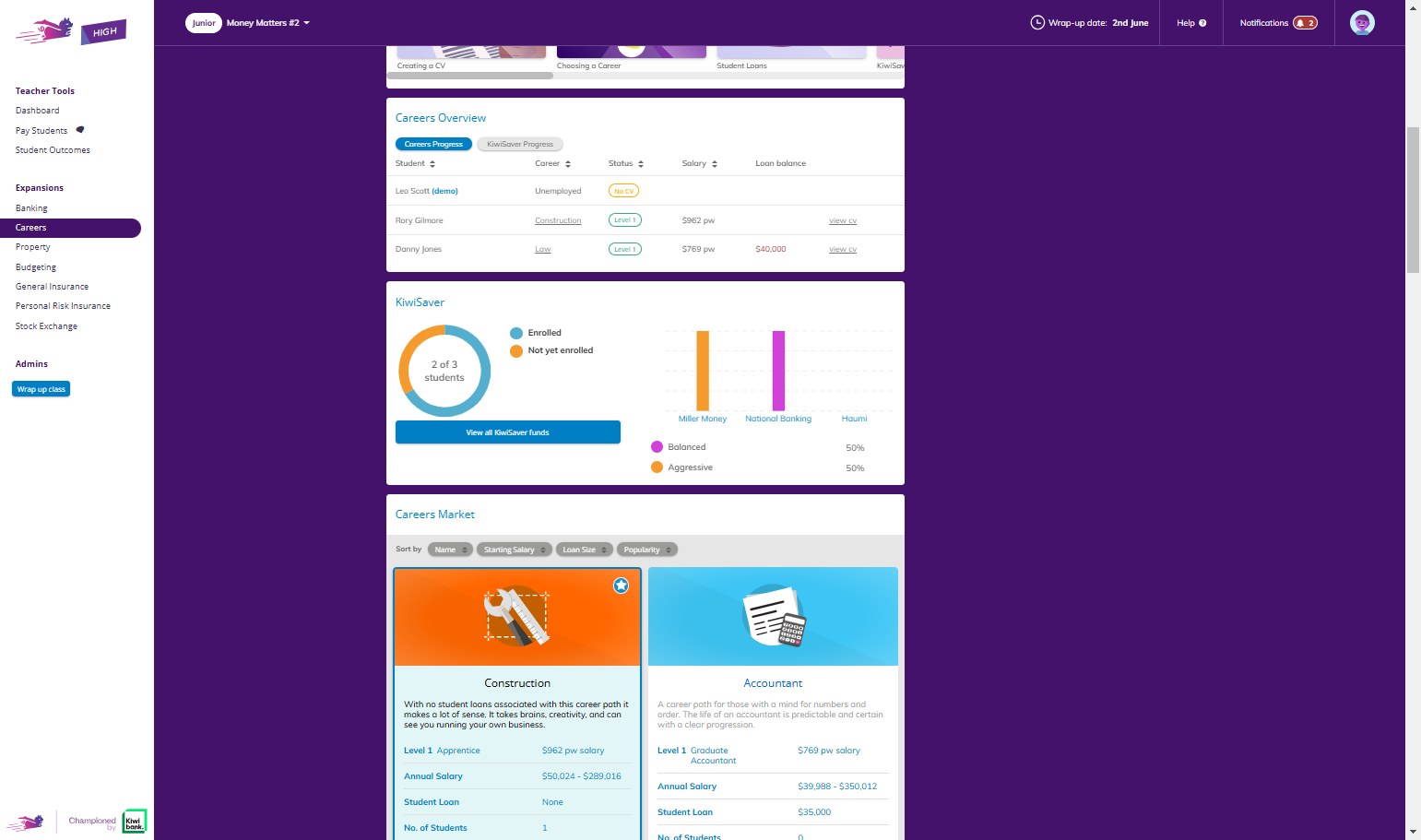 Below this area, you can view the full Careers Market that your students will see.