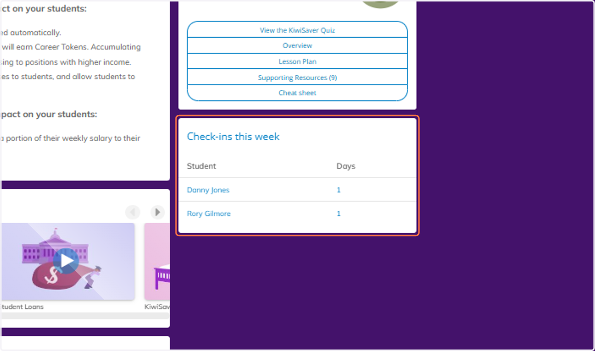 You can also view the weekly check-in count for each student.