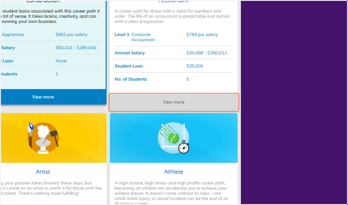 Click on View more to view the details of any of the career options.