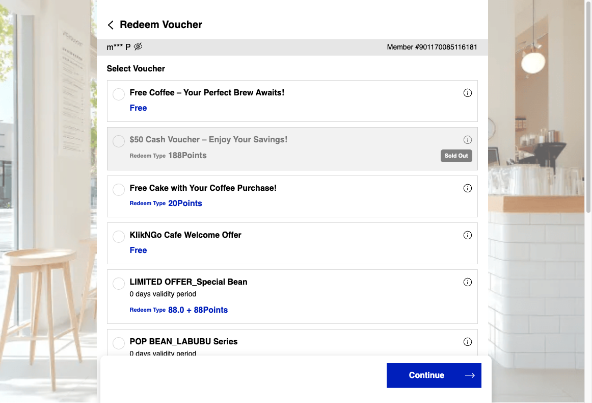 Select the voucher the member wishes to redeem