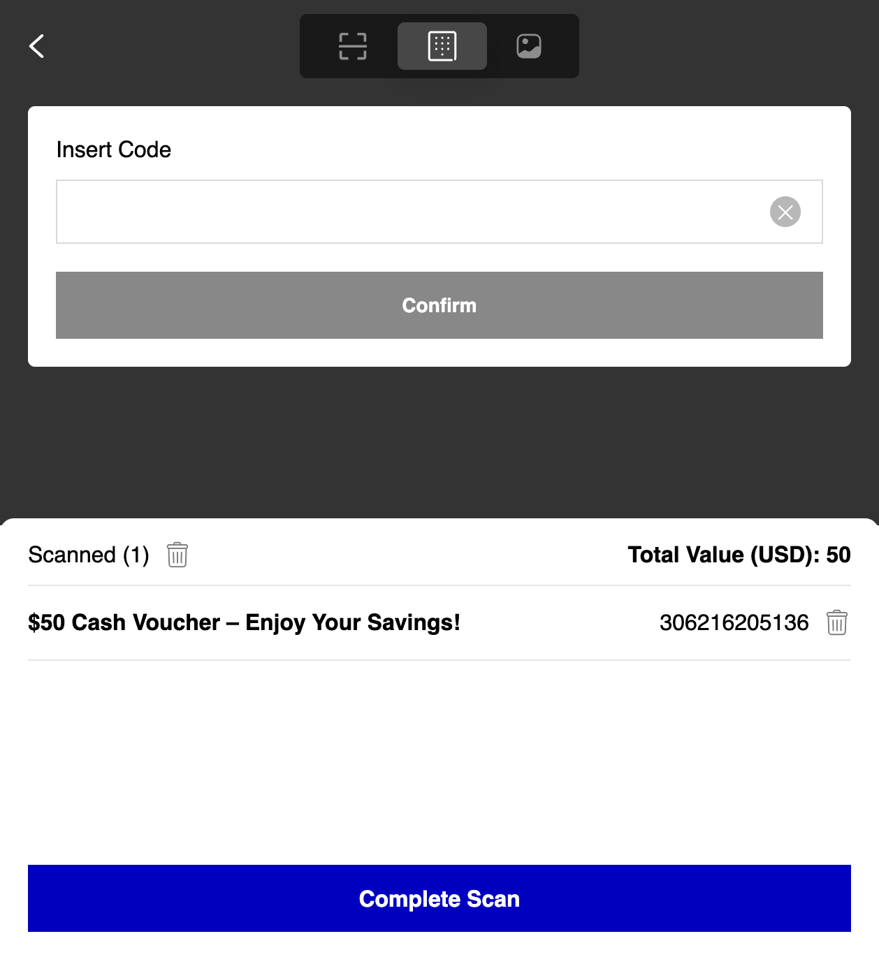 A. 3 Methods: Scan QR/ Insert Code/ Upload Image or File (QR) B. [Insert Code] Select Insert Code tab C. Insert the code D. Click on Confirm E. Click on the voucher