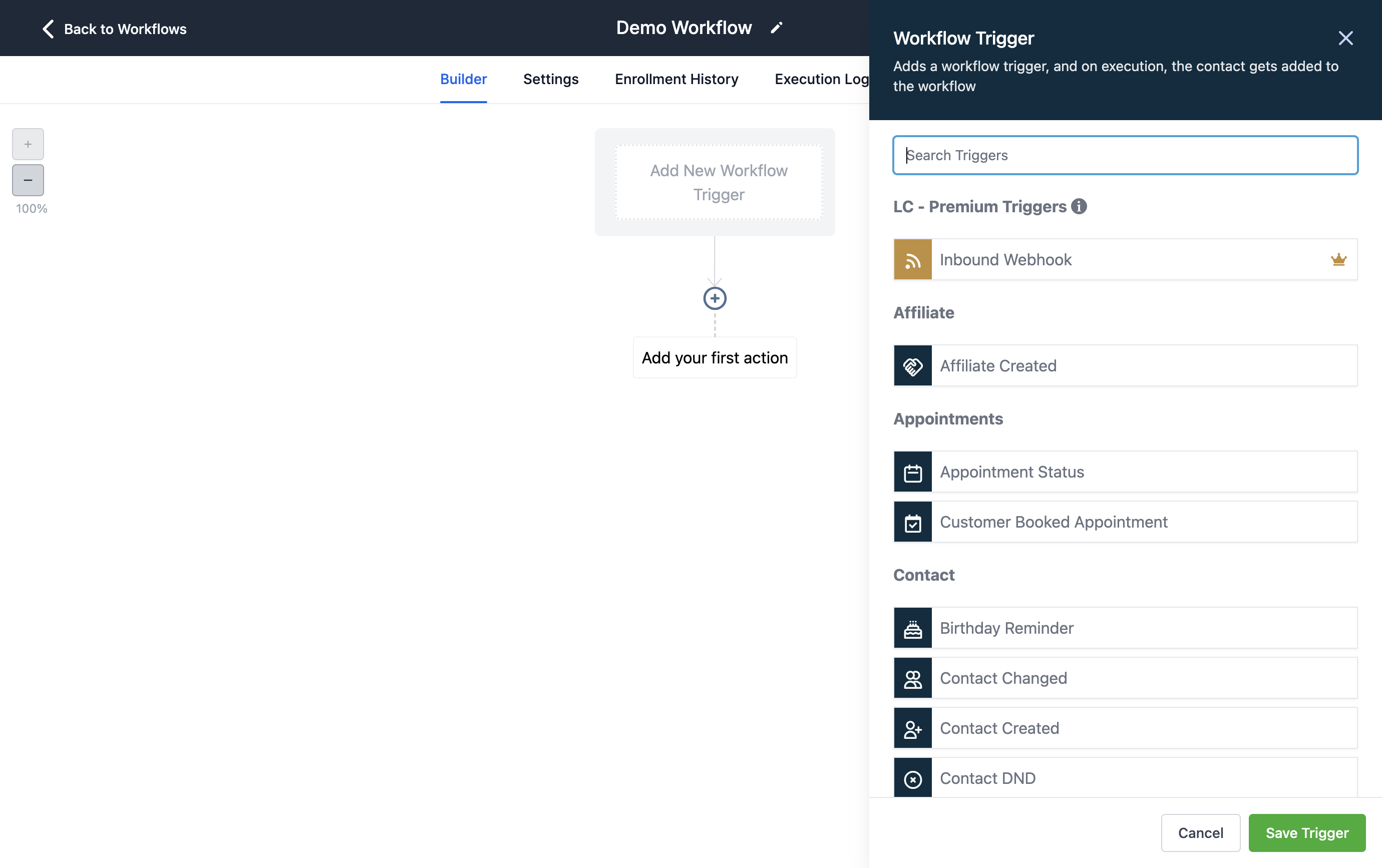Click Add New Workflow Trigger to see a list of ways that your workflow can begin. (For this example, we'll select the Form Submitted option)