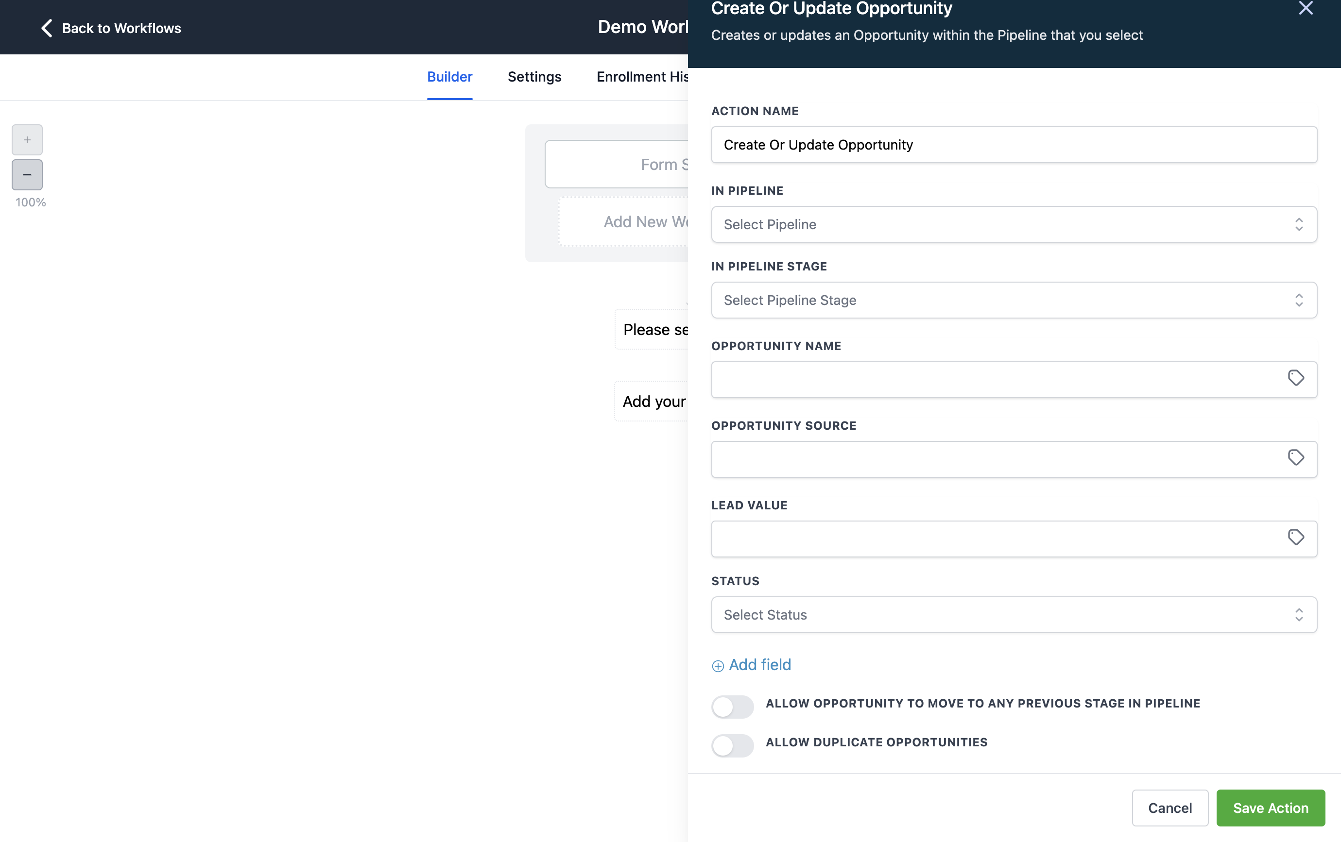Once you choose an action, edit the fields to provide additional details about the specific action you'd like the system to perform.