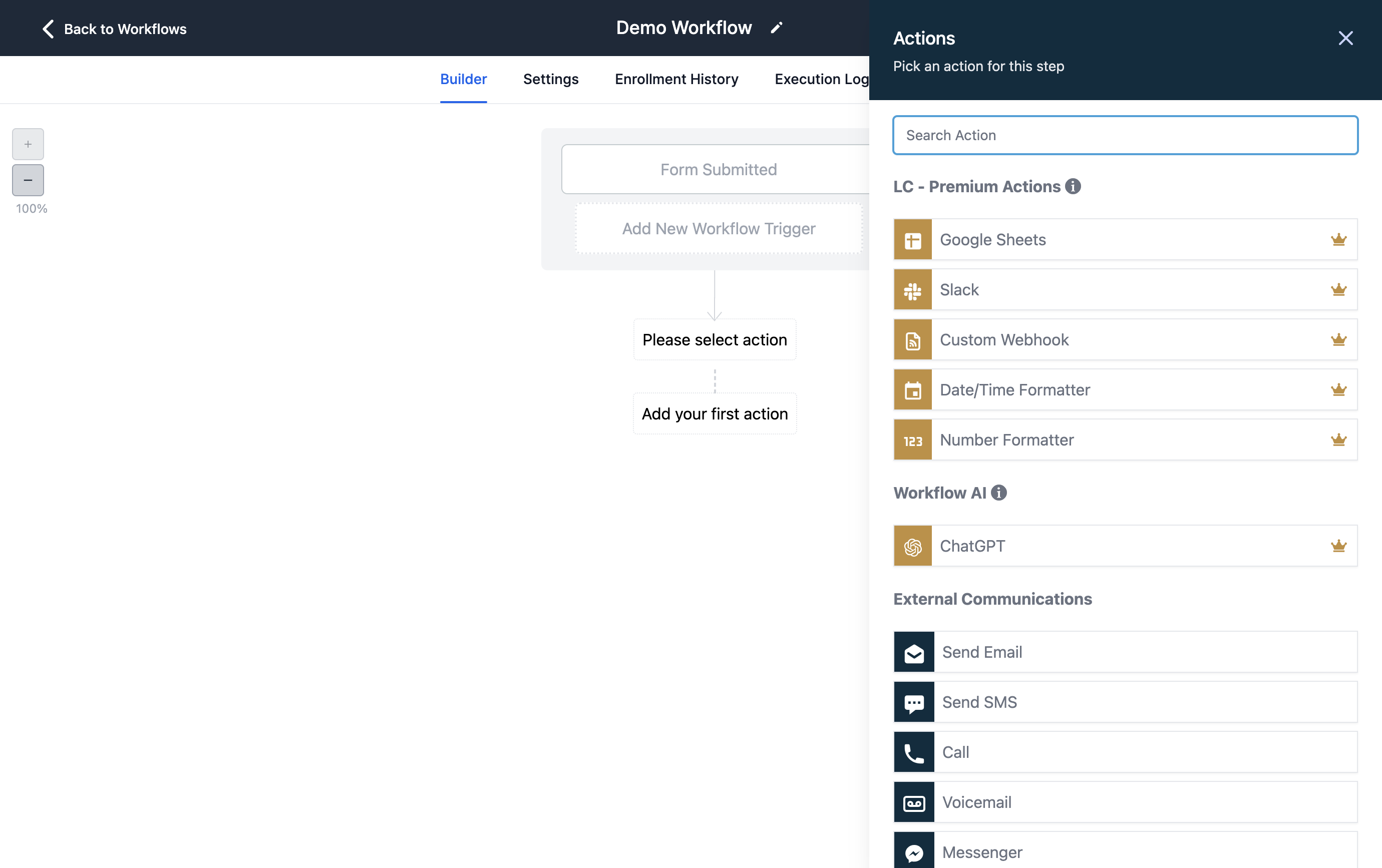Use the list of actions to select what you would like to happen next after the trigger has been activated. (For this example, we will select Create/Update Opportunity)