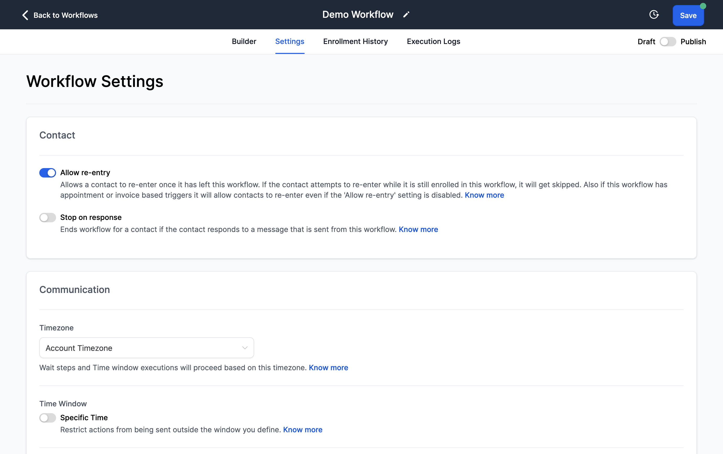 After you test the workflow, switch the toggle from Draft to Publish