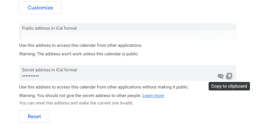 Google Calendar settings showing a concealed 'Secret address in iCal format' with an option to copy to the clipboard.