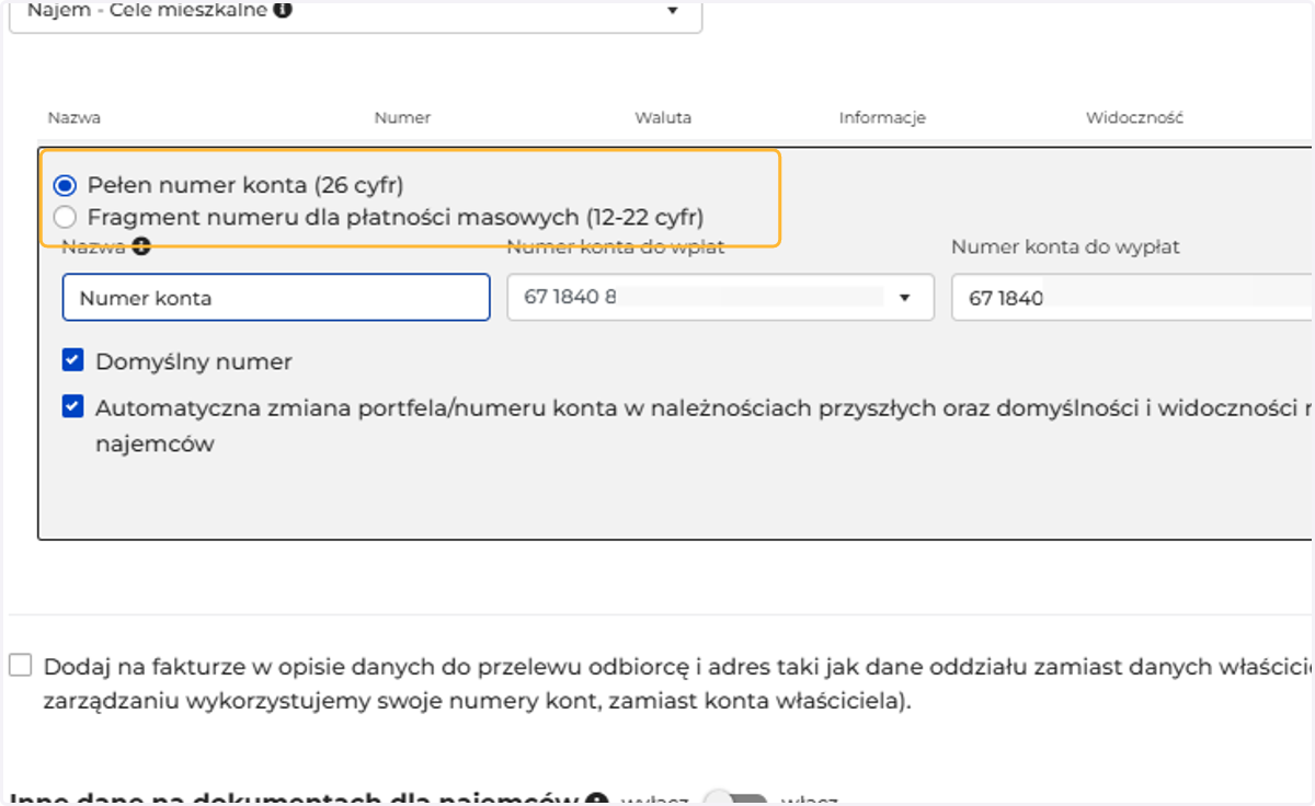 Wybierz odpowiednią opcję (pełny numer konta lub fragment przy płatnościach masowych) oraz uzupełnij numer