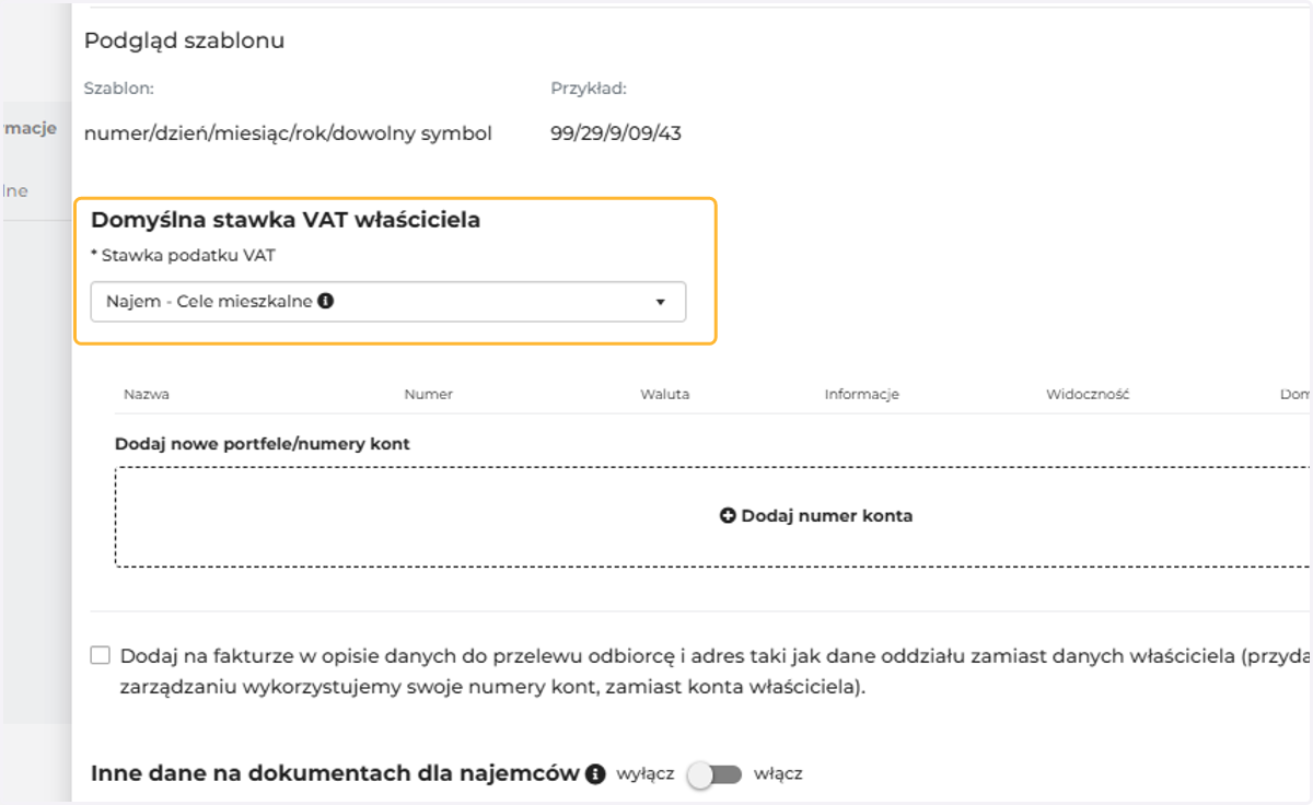 Wybierz domyślną stawkę VAT, jaka ma się pojawiać na dokumentach wystawianych najemcom