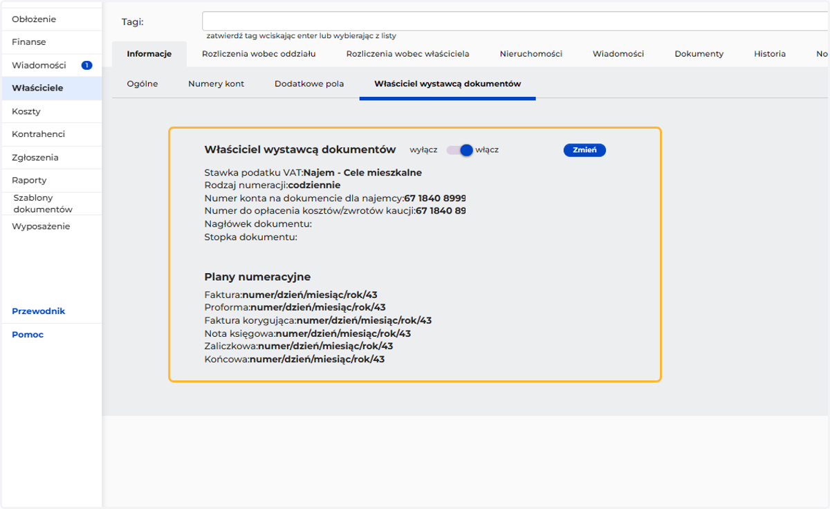 Po zapisaniu pojawi się widok ustawionych paramterów