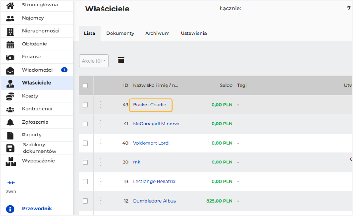 Wybierz właściciela z listy
