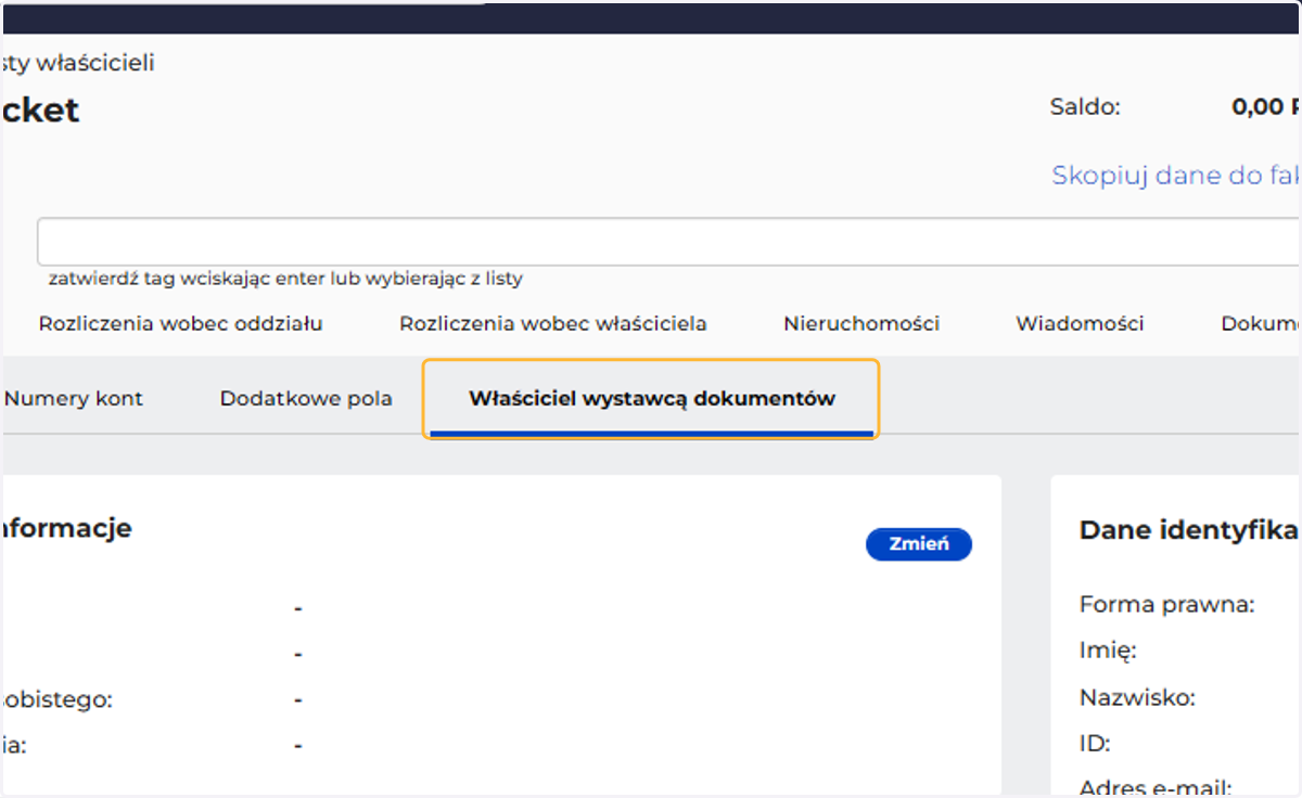 Przejdź do zakładki Właściciel wystawcą dokumentów