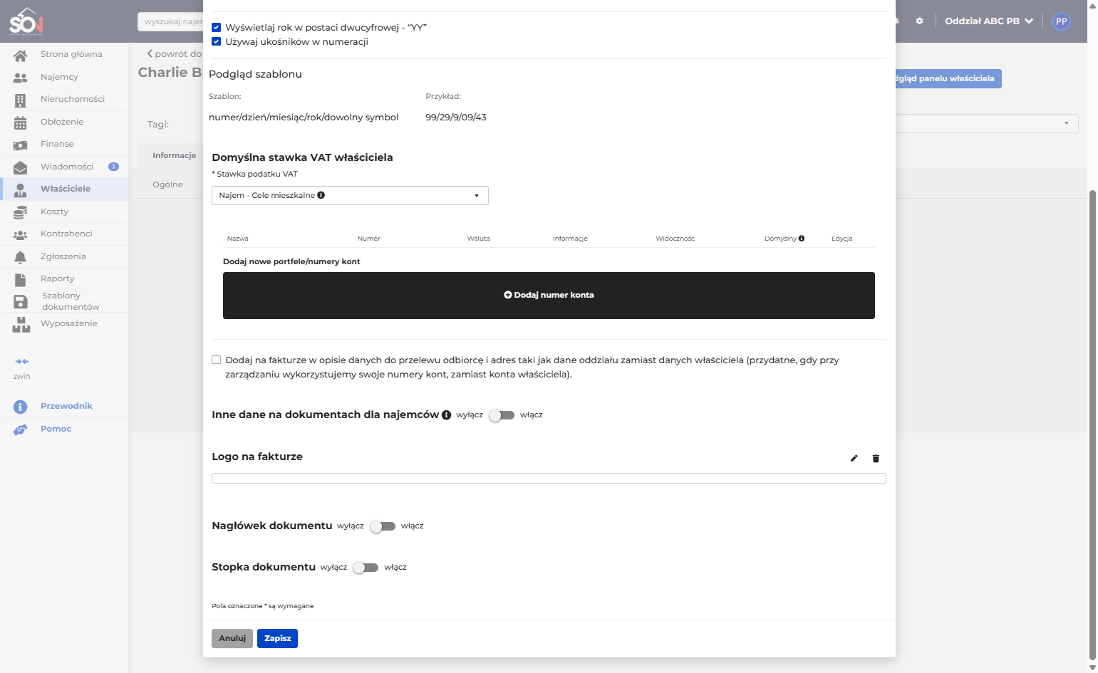 Dodaj numer konta do wpłat dla najemców