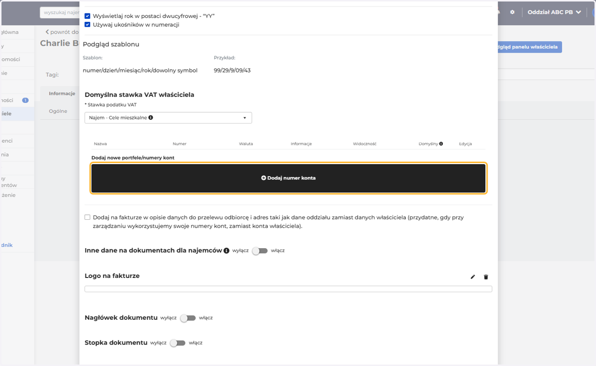 Dodaj numer konta do wpłat dla najemców