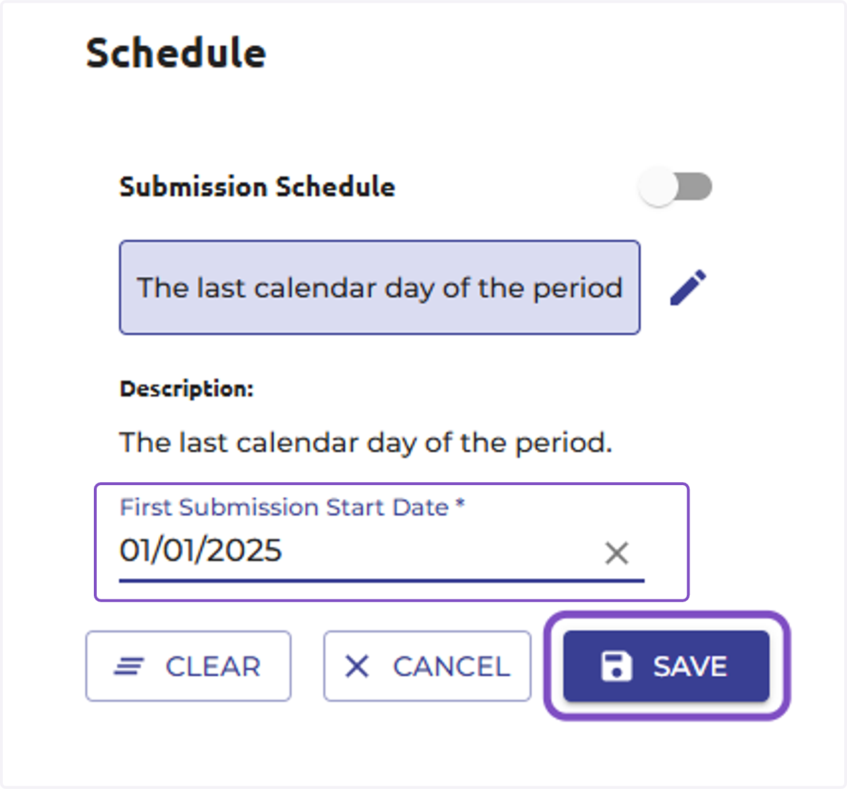 Edit the 'First Submission Start Date' and select 'Save'.
