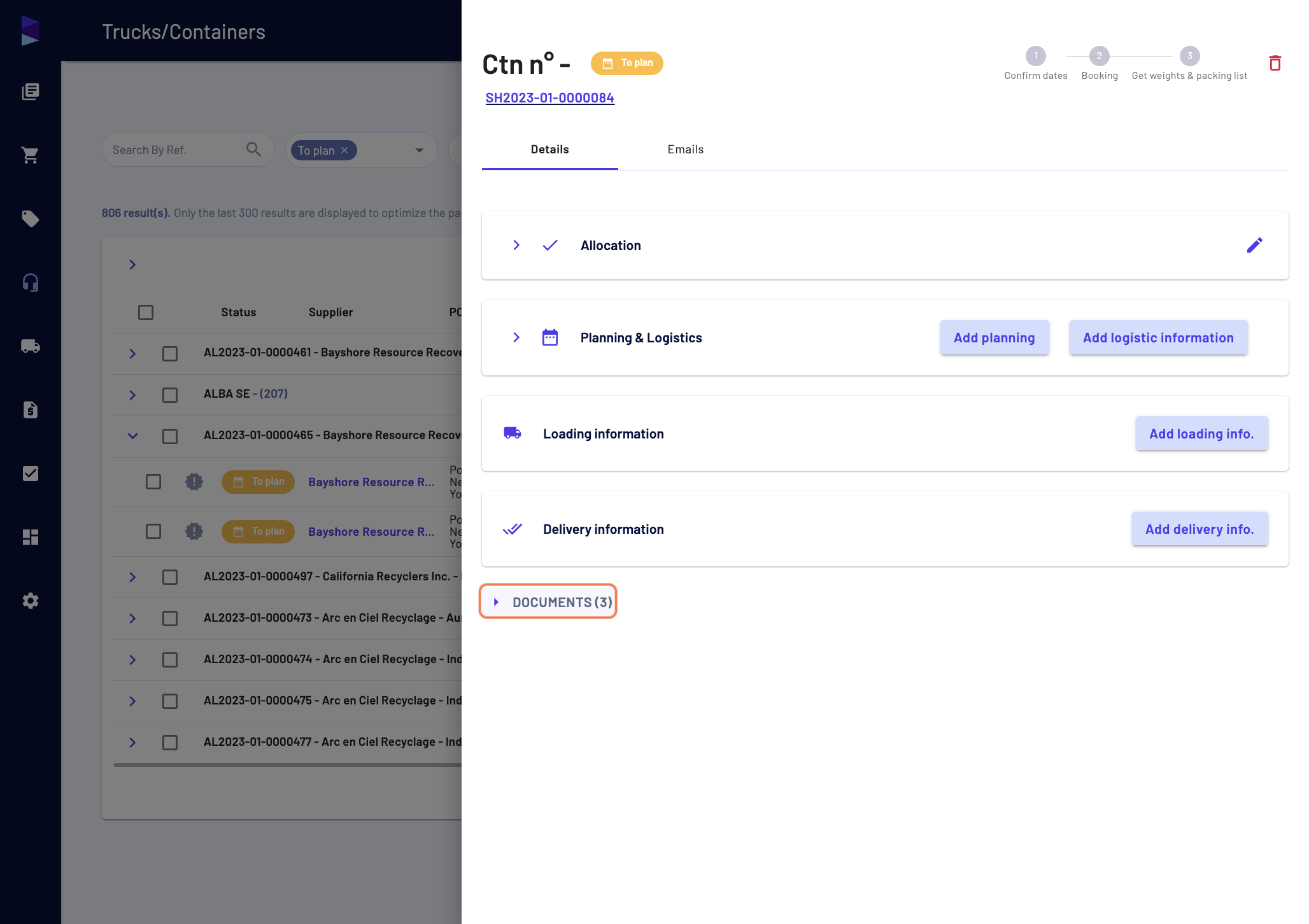 This feature can be accessed from the different "Document" places, for instance in the "Trucks/Containers" page