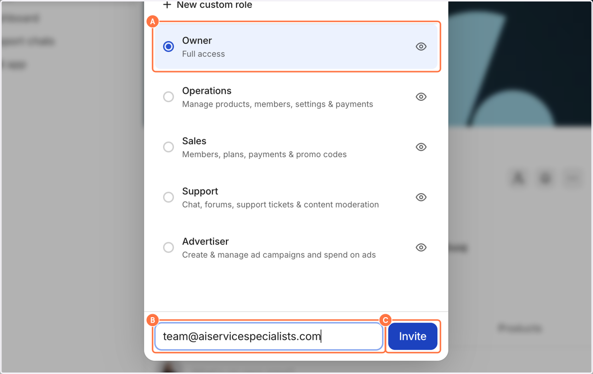 A. Click on Owner… B. Paste team@aiservicespecialists.com into input C. Click on Invite
