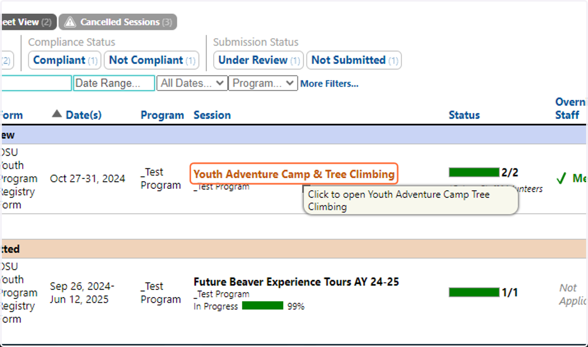 Click on the name of the session you want to edit