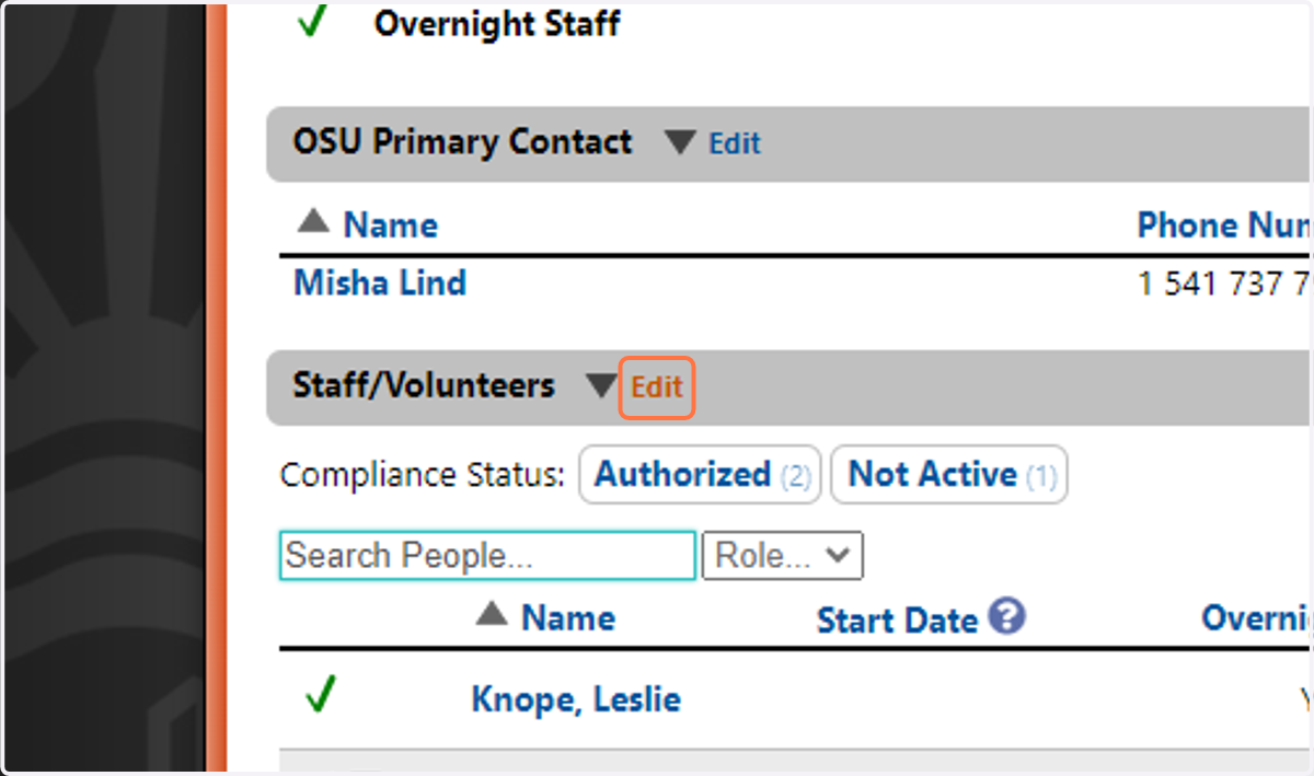Scroll to the Staff/Volunteers heading and click Edit