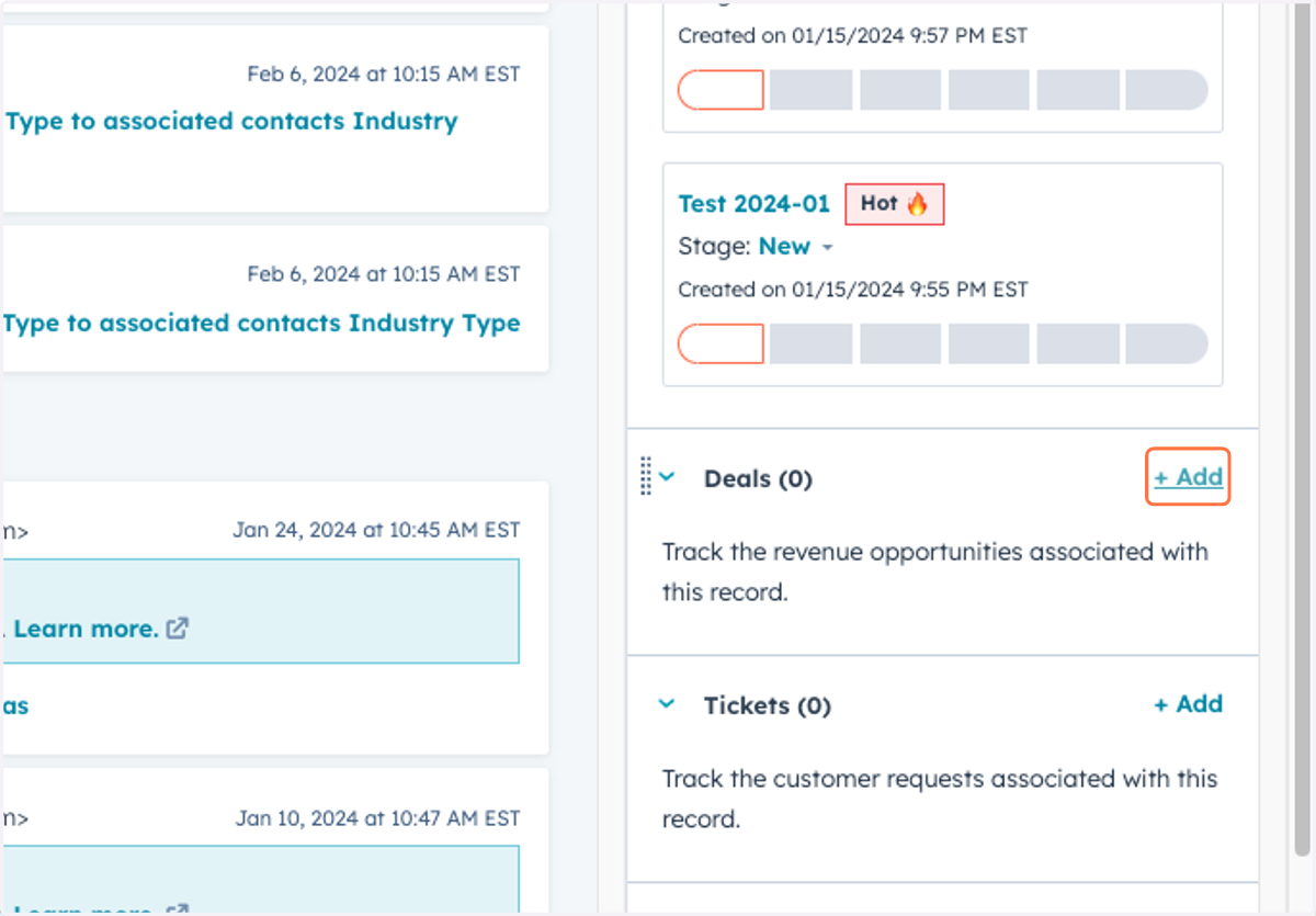 Scroll down on the left of the contact card to Deals and click "+Add"
