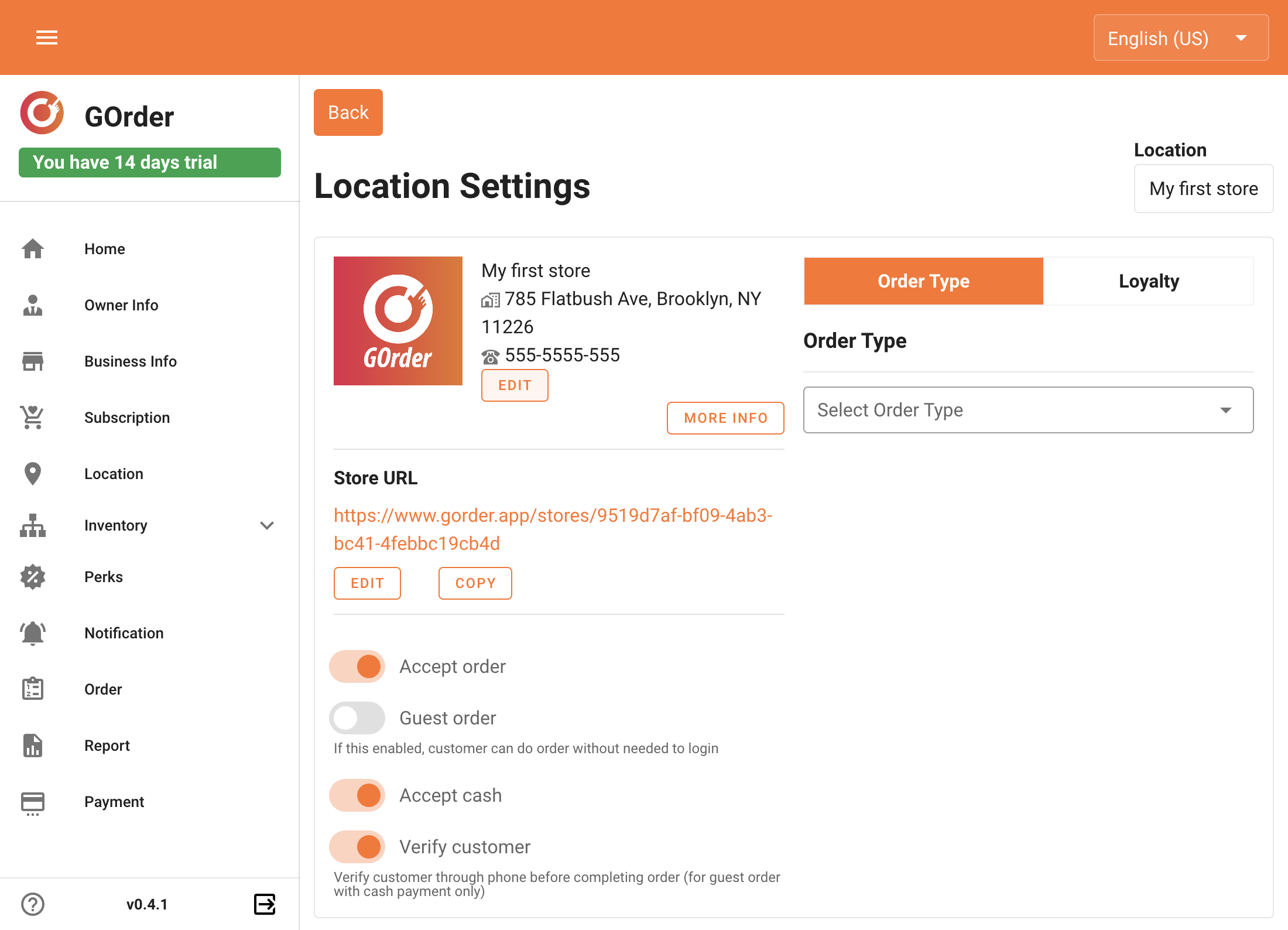To edit your store information (name, address, or phone) you can do it from the edit button on the right side of the logo.