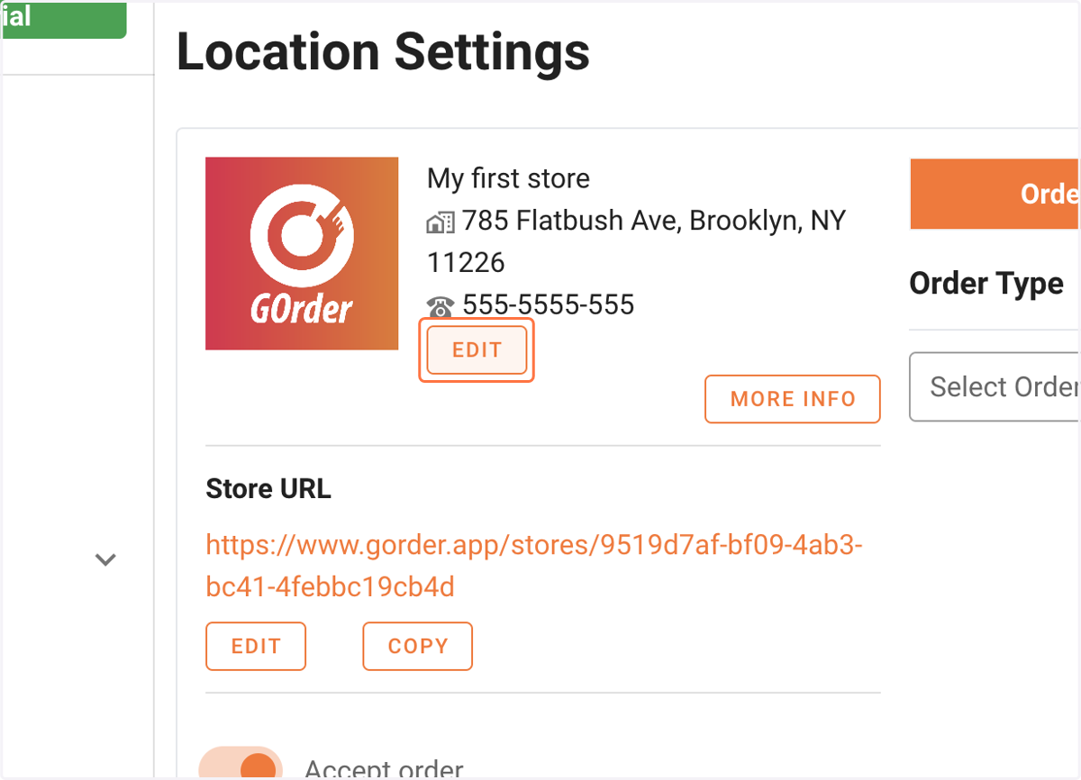 To edit your store information (name, address, or phone) you can do it from the edit button on the right side of the logo.