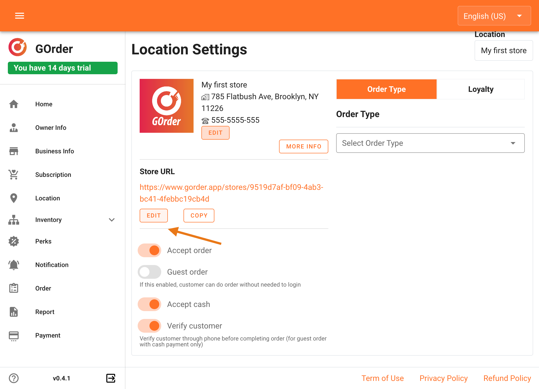 For editing your store URL, click the edit button inside the Store URL section