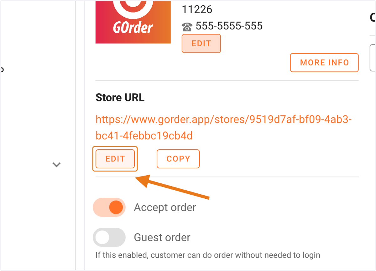For editing your store URL, click the edit button inside the Store URL section