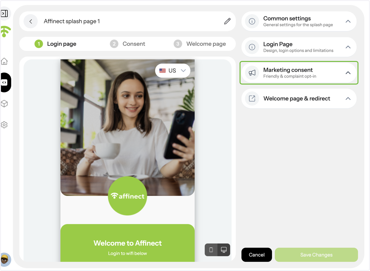 A preview of your splash page will appear with settings on the right-hand side. Click on Marketing consent to manage preferences.