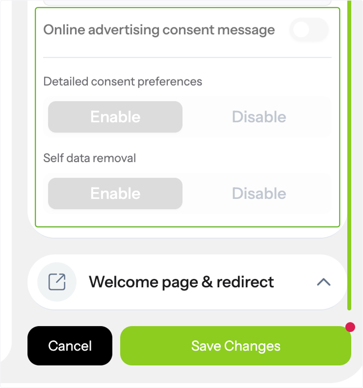 The online advertising consent message is enabled by default.