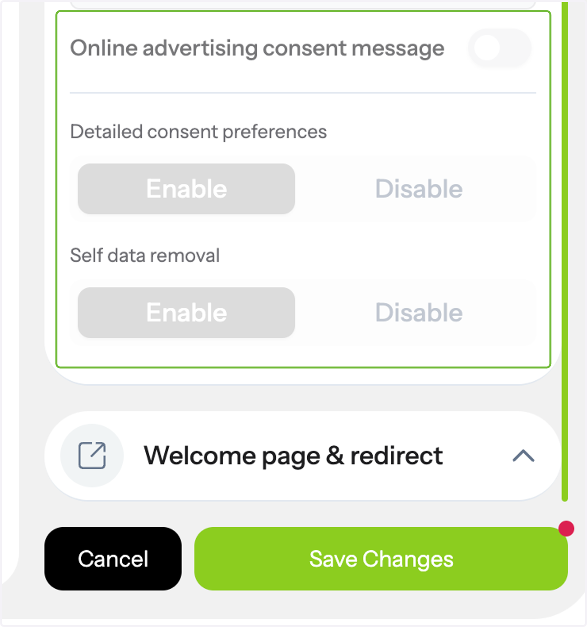The online advertising consent message is enabled by default.
