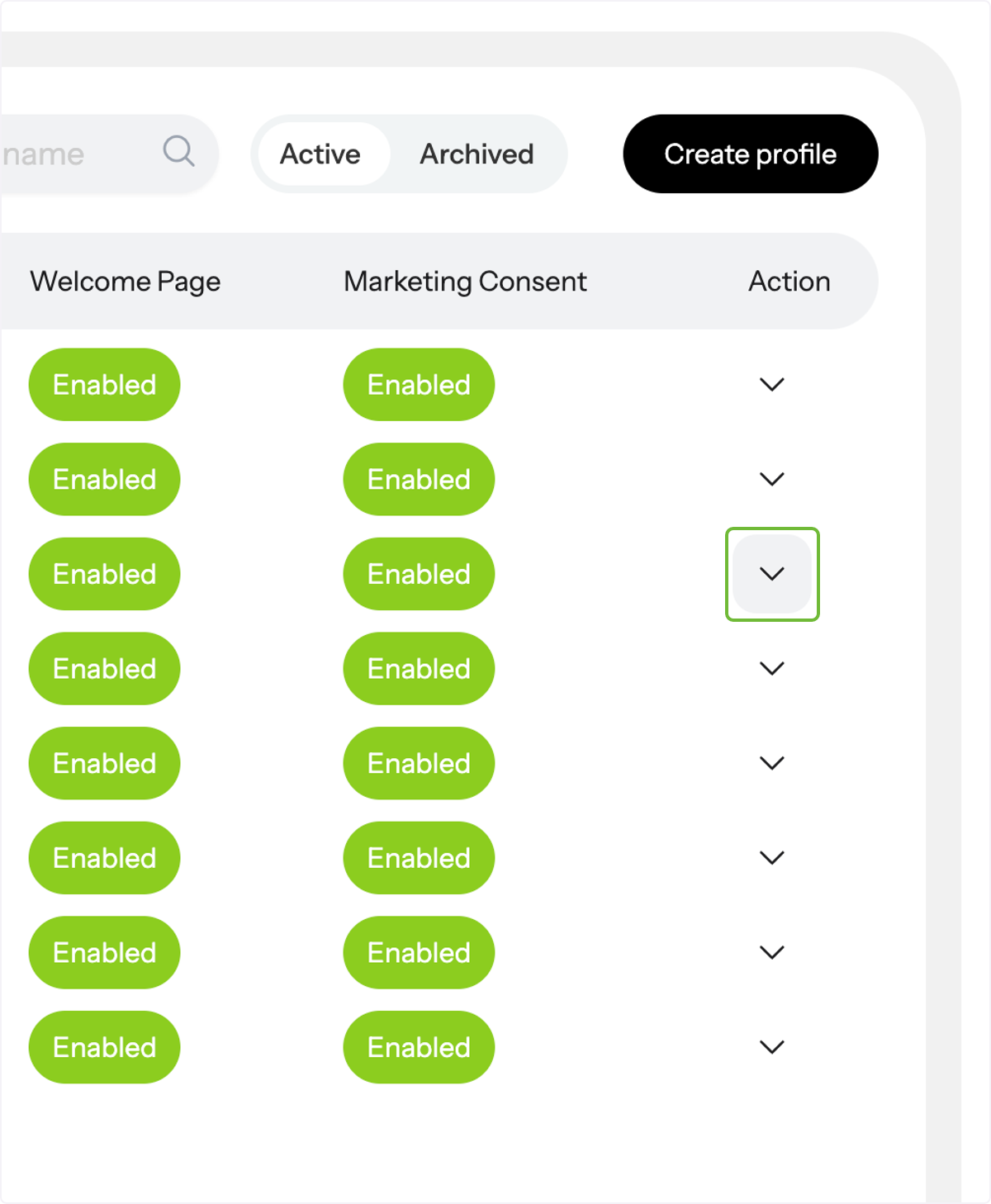Go to Actions and click on the profile's drop-down menu you wish to update the marketing consent for.