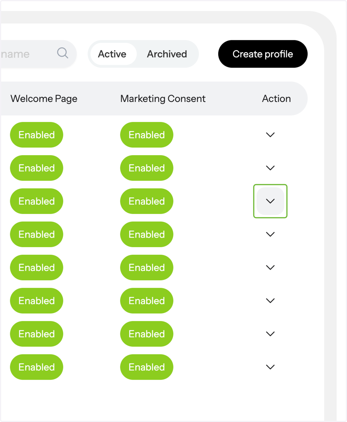Go to Actions and click on the profile's drop-down menu you wish to update the marketing consent for.