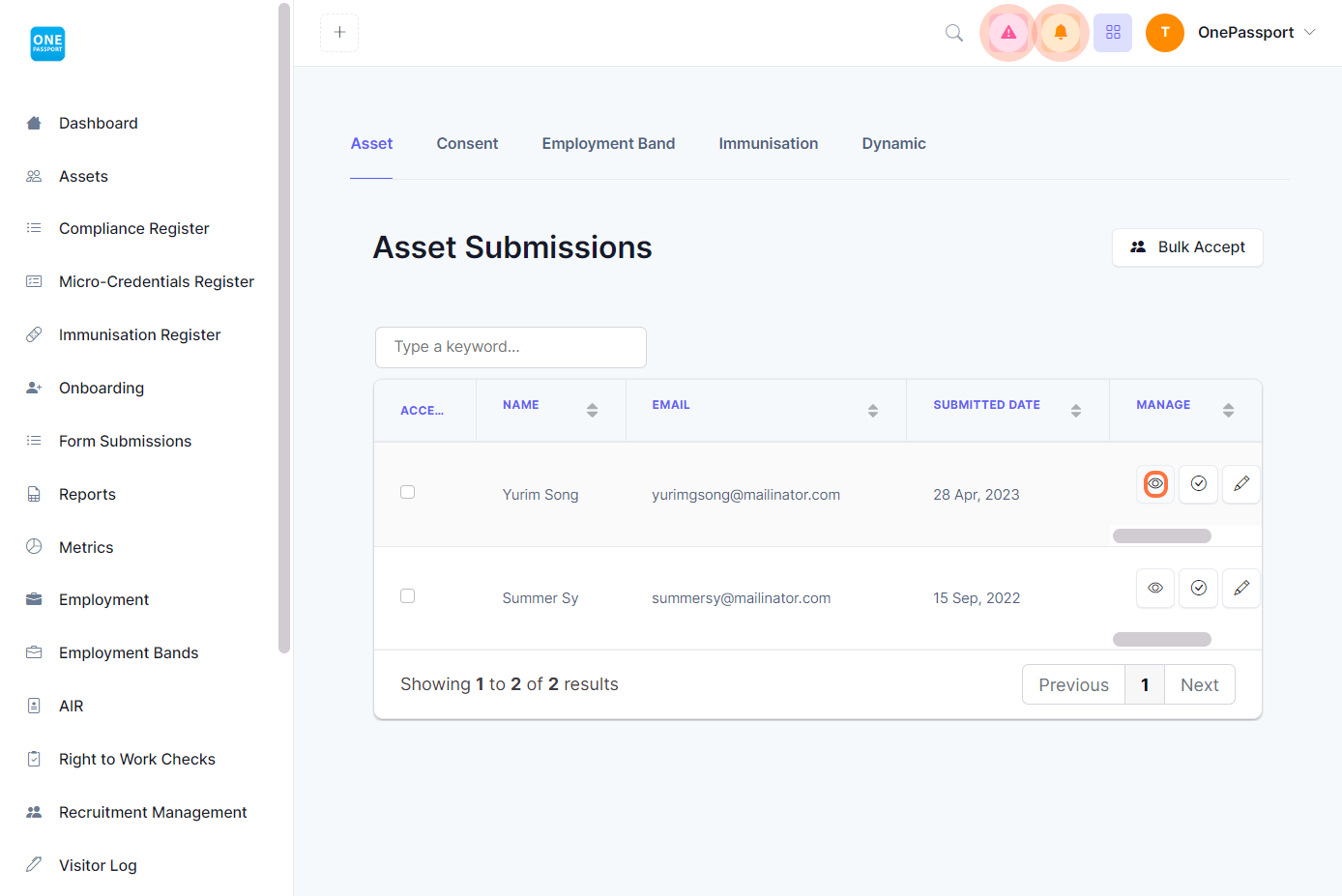 Under Asset Form Tab, you can check on the submission from the worker. And in the Manage buttons, you can either View (Eye icon), Accept (Check icon), Edit (Pen Icon) or Ignore/Delete. 