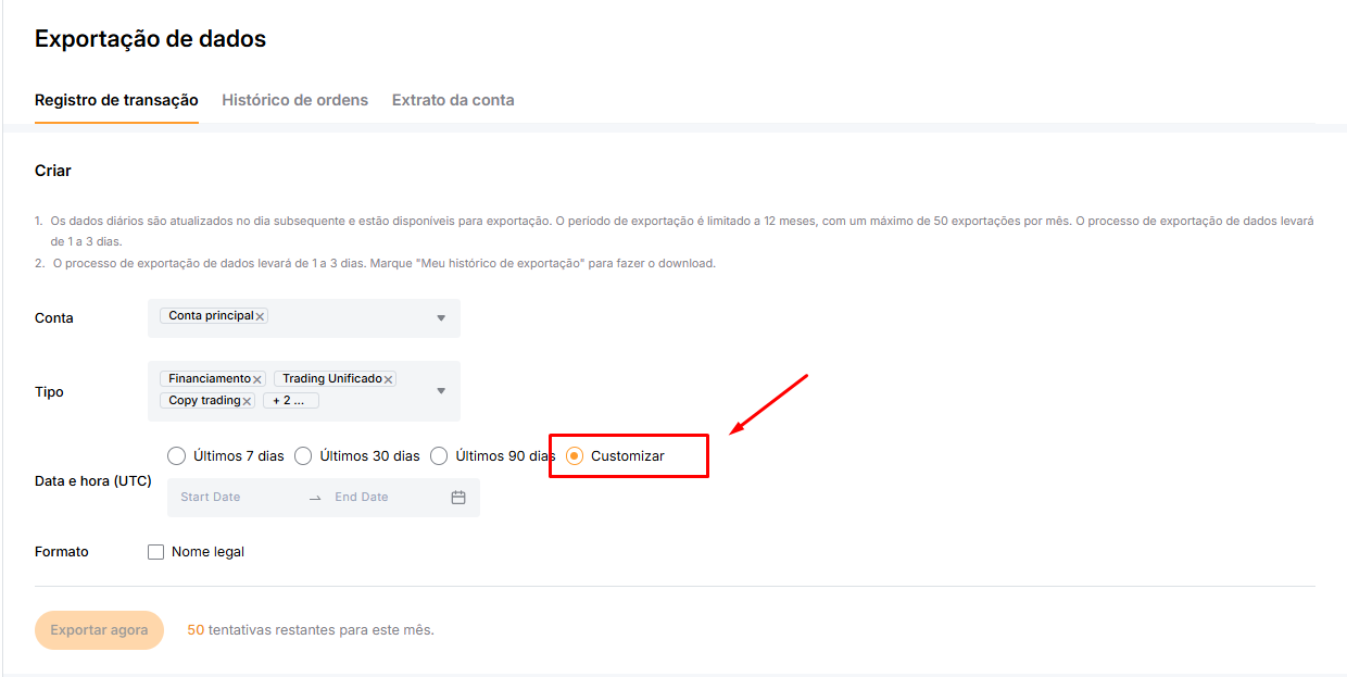 Em Data e hora (UTC), clique em Customizar