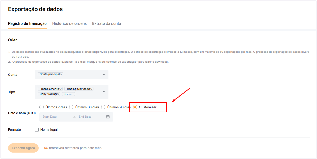 Em Data e hora (UTC), clique em Customizar