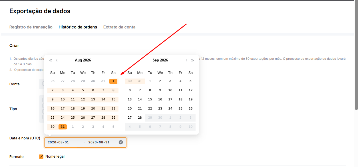No calendário, clique no primeiro e depois no último dia do mês da solicitação (ex.: 01/08/2026 a 31/08/2026)