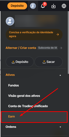 Passe o mouse no ícone de perfil, clique em Ativos e depois em Earn