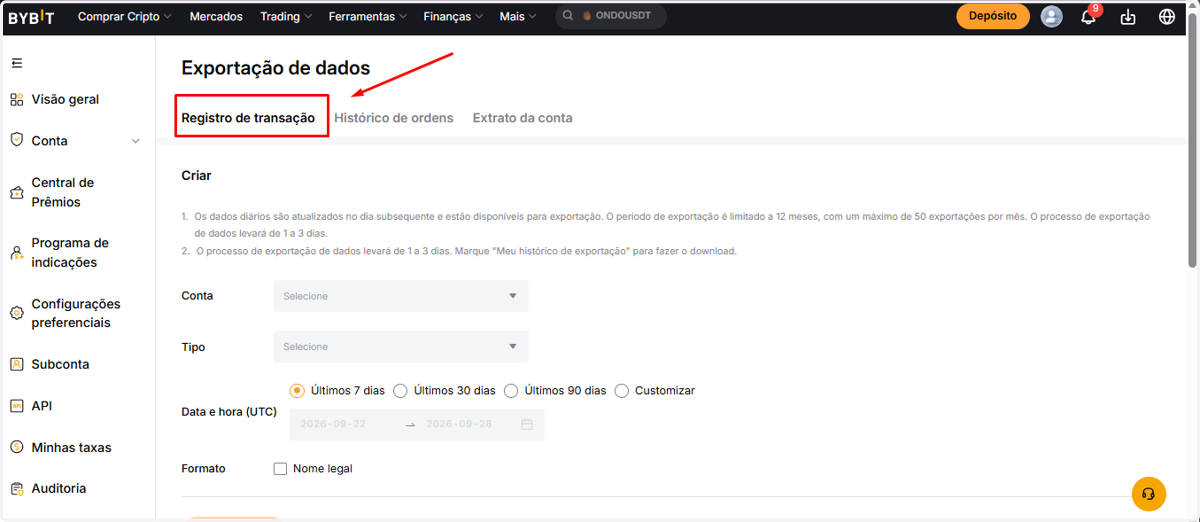 Clique na aba "Registro de transação"