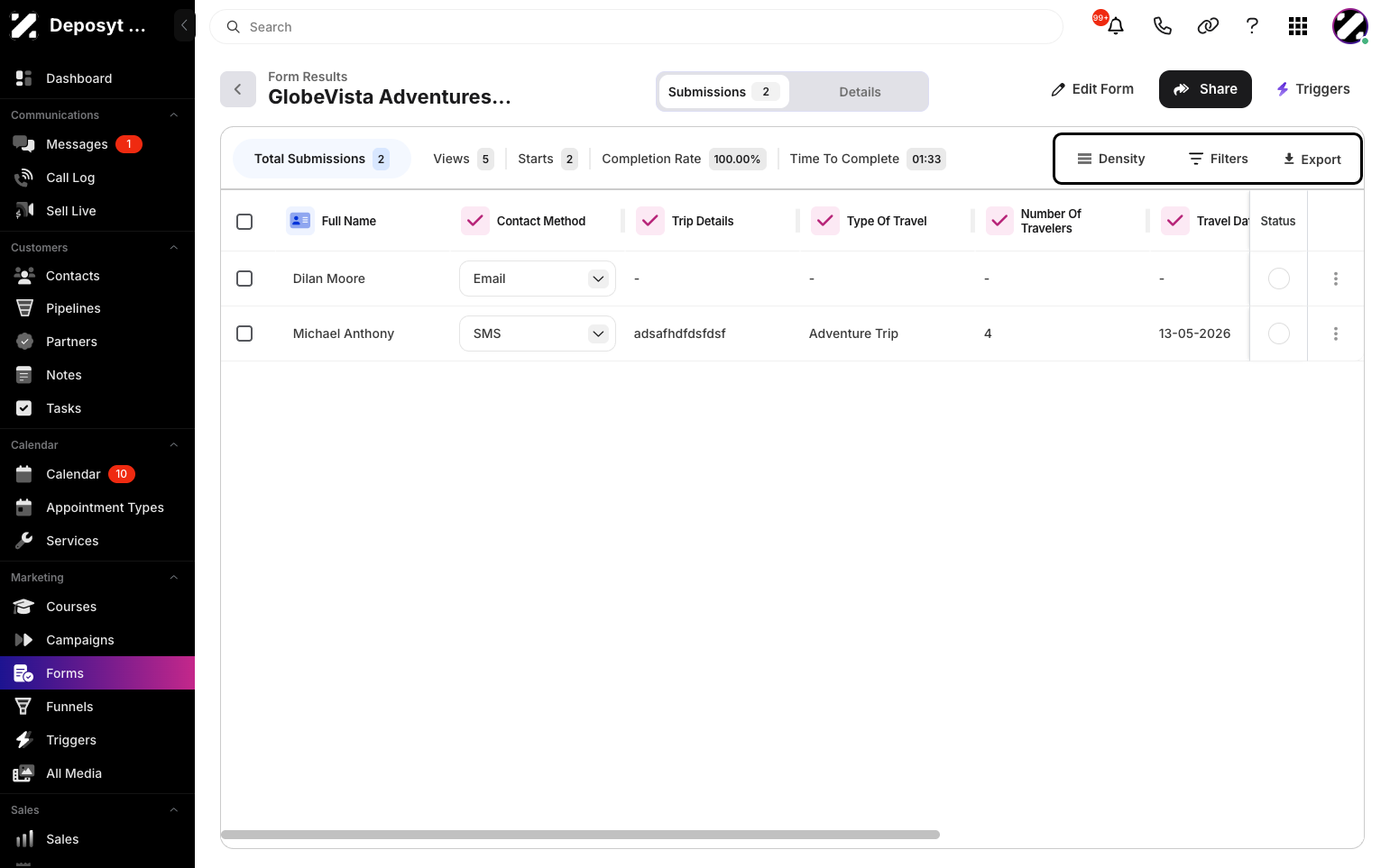 Step 6: There's also option to edit the density of the folder , a way to filter the form results , or export the form results.