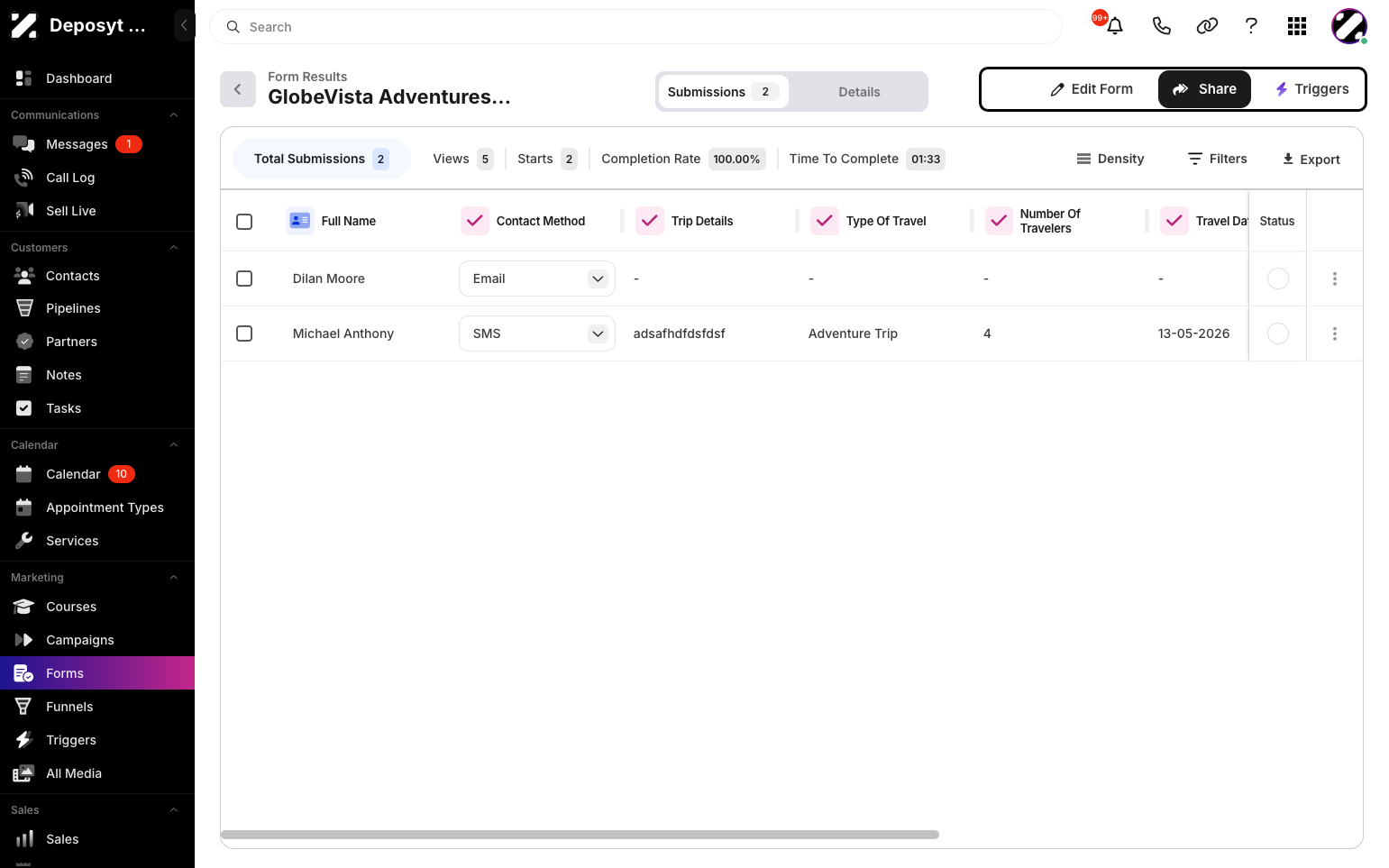 Step 4: On the upper right side, you can edit the form, share the results page, or access the triggers.