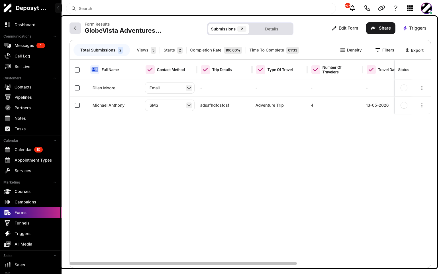 Step 3: You are redirected to the form results page, where you can perform several actions and view various information.